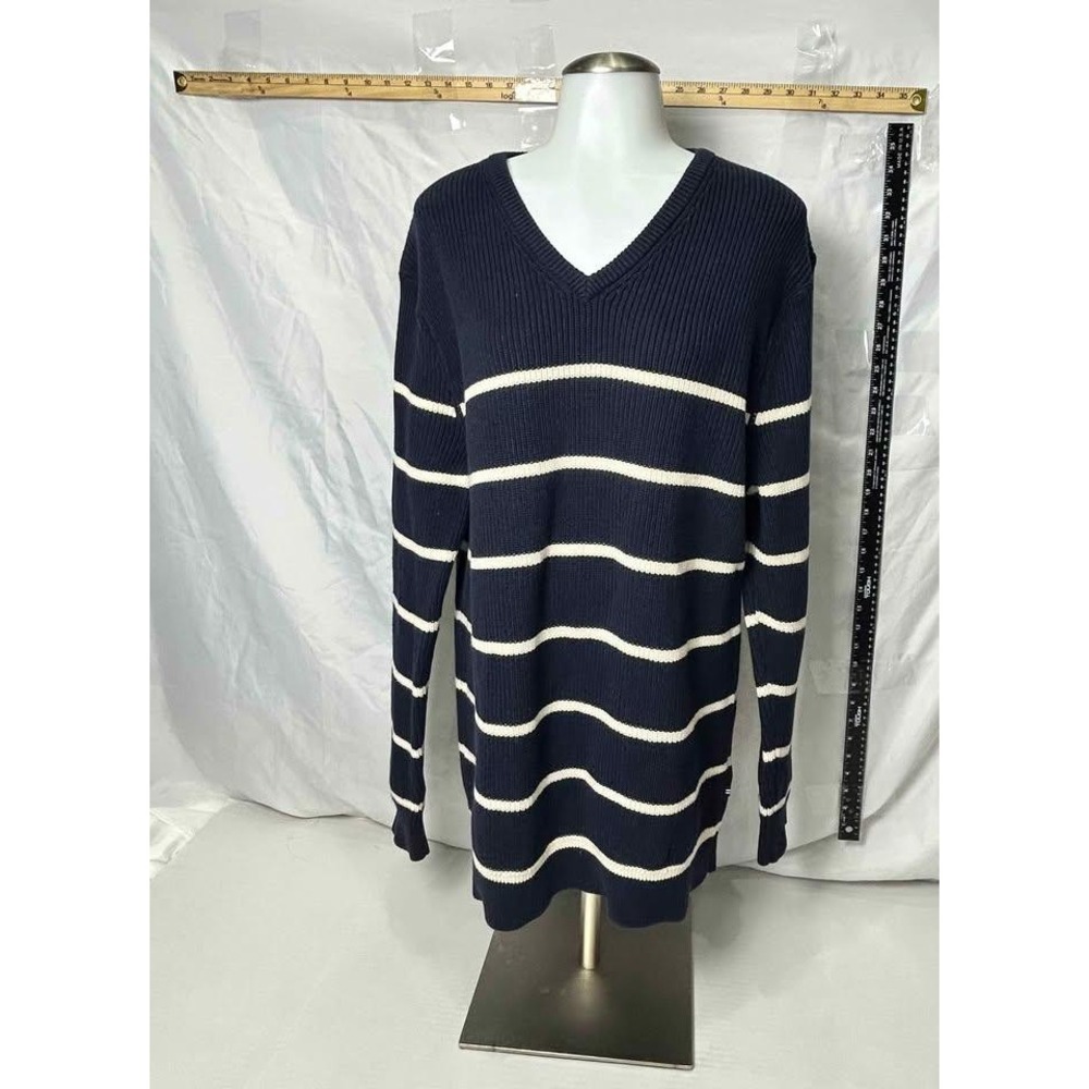 Nautica‎ Jeans Co Mens XXL Navy Blue White Striped Ribbed V-Neck Cotton Sweater